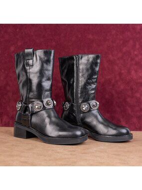 Kurt Geiger Women Black Leather Crystal Moto Cottage Festival Boots 8US EUR38.5